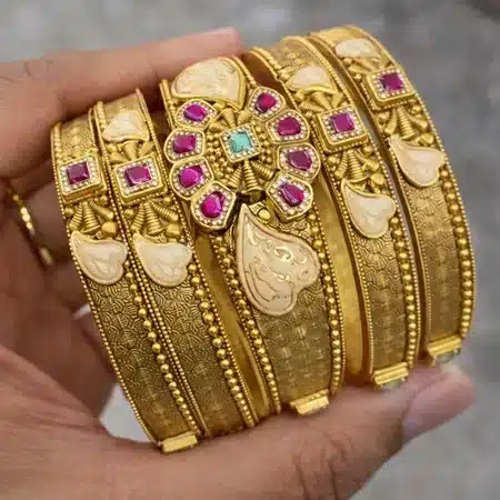 Royal Pink Stone Floral Designer Bangle Set
